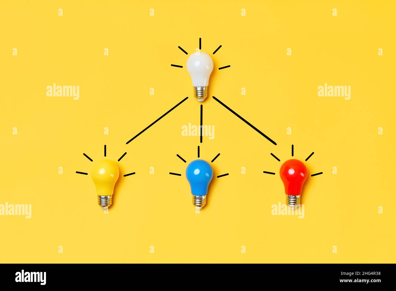 Layout creativo con lampadine multicolore su sfondo giallo. Idea simbolo, creatività aziendale, ispirazione e motivazione per il successo Foto Stock