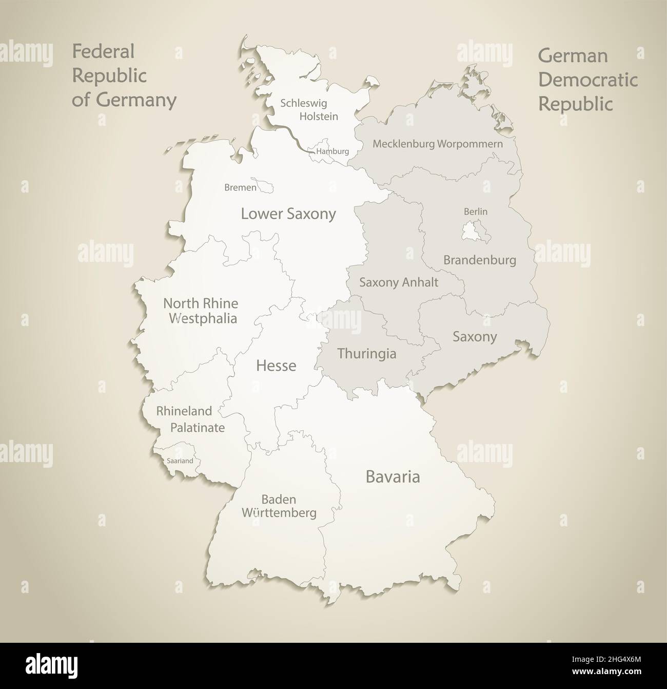 La mappa della Germania è divisa sulla Germania occidentale e orientale con regioni, e la mappa dei nomi, il vecchio vettore di sfondo cartaceo Illustrazione Vettoriale