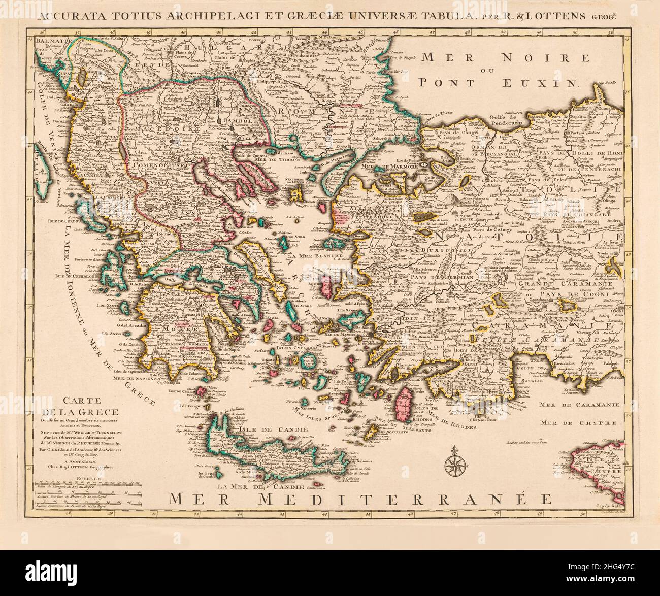 Mappa della Grecia, delle sue isole e dei paesi vicini. Dopo una mappa dei primi anni del 18th secolo di Guillaume De l'Isle intitolata curata totius Archipelagi et Graeciae universae tabula. Da R. and J. Ottens, Atlas sive Geographia compendiosa in qua Orbis Terrarum pacis attamen novissimis Tabulis Ostendur. Foto Stock