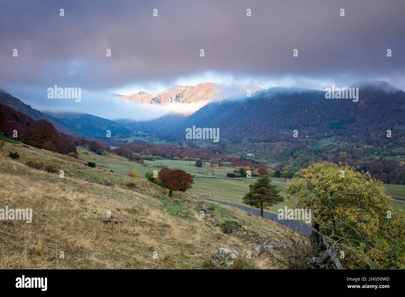 Alba a Mont-Dore catena montuosa con colori d'autunno Auvergne Francia Foto Stock