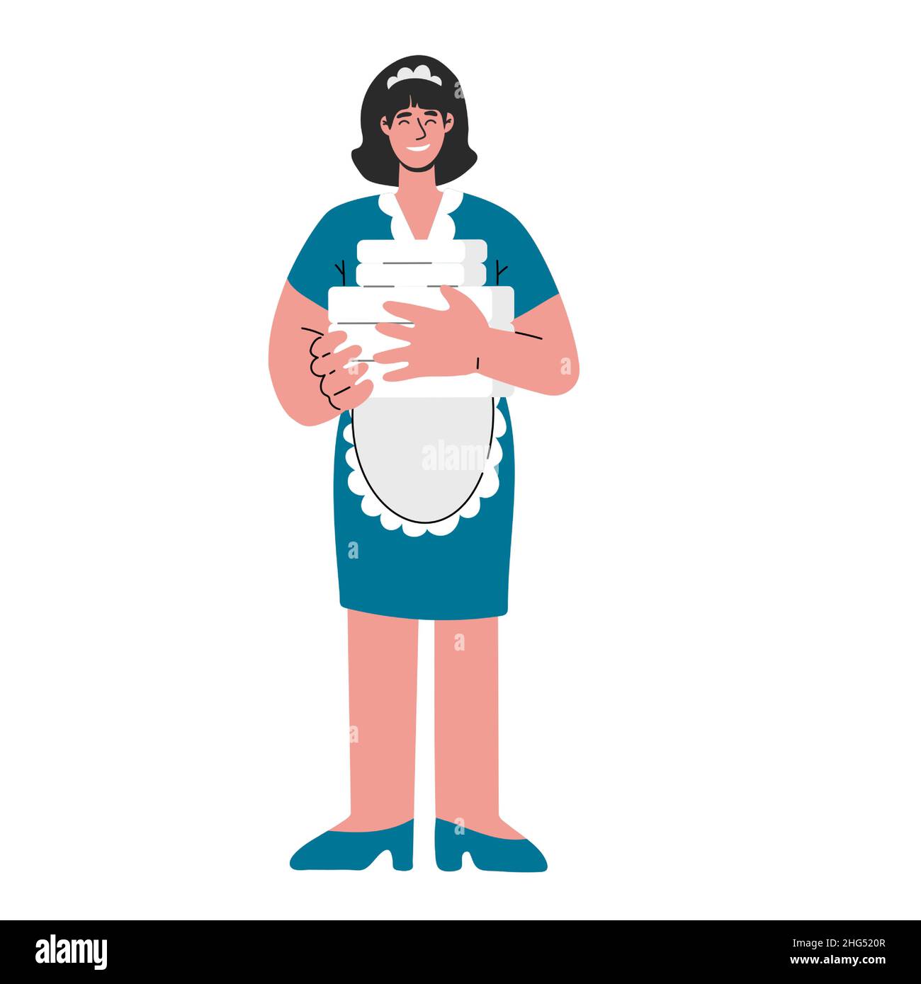 La cameriera in uniforme che tiene la pila asciugamani.Cleaning service.Vector falt illustrazione Illustrazione Vettoriale