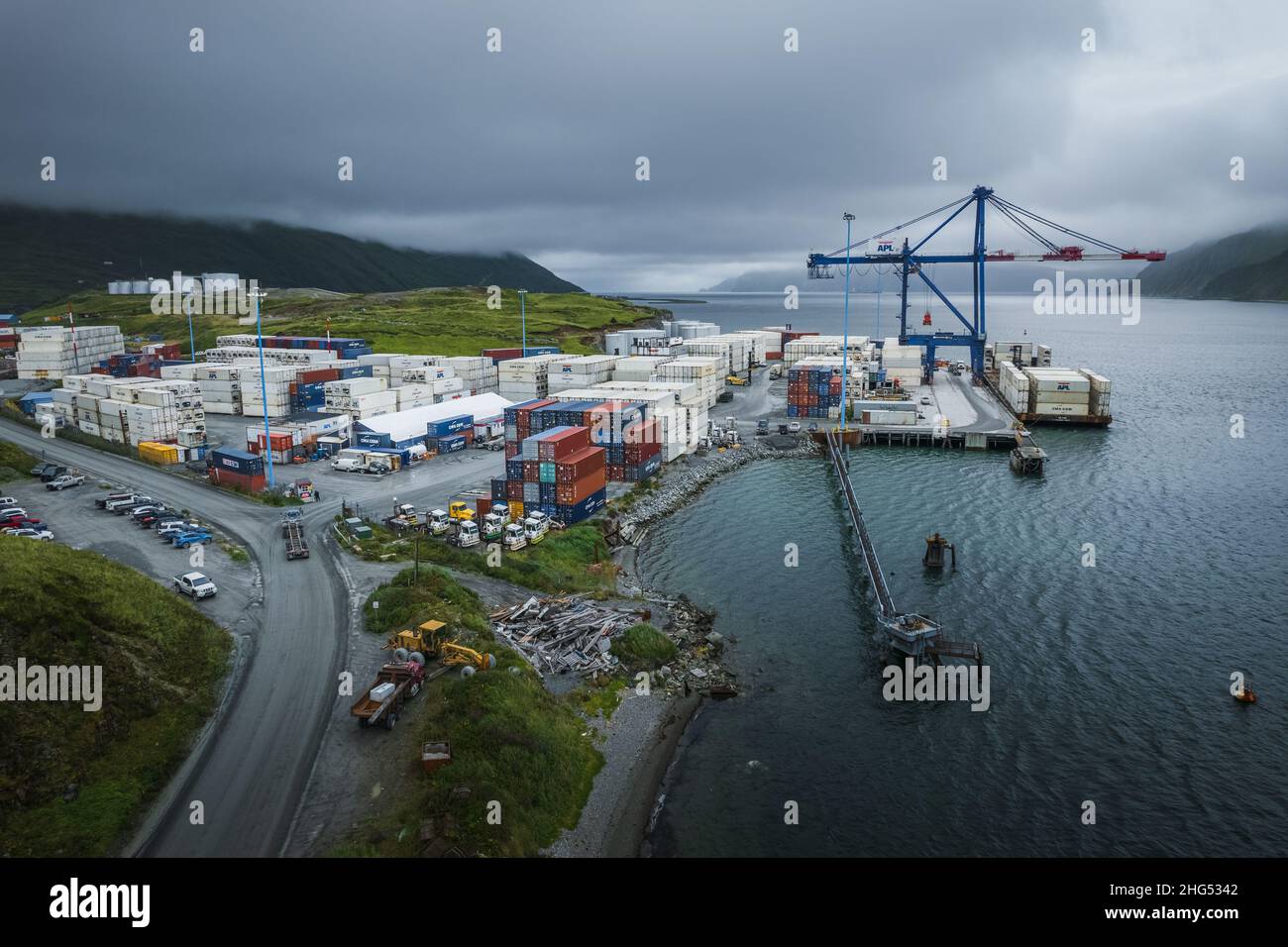 Veduta aerea del Porto Olandese a Unalaska, Isole Aleutiche Foto Stock