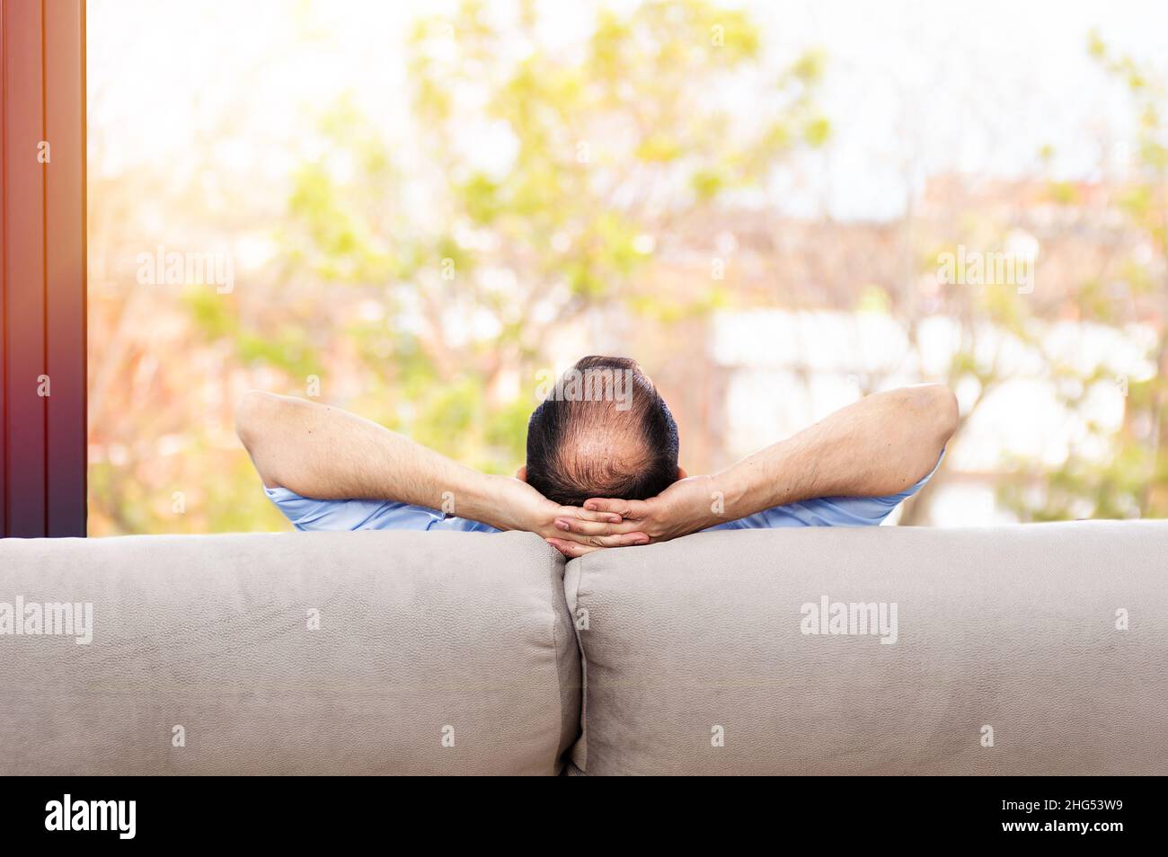 Vista posteriore di un uomo calvo e spensierato su un divano a casa e guardando lo sfondo verde all'aperto attraverso la finestra nel soggiorno Foto Stock