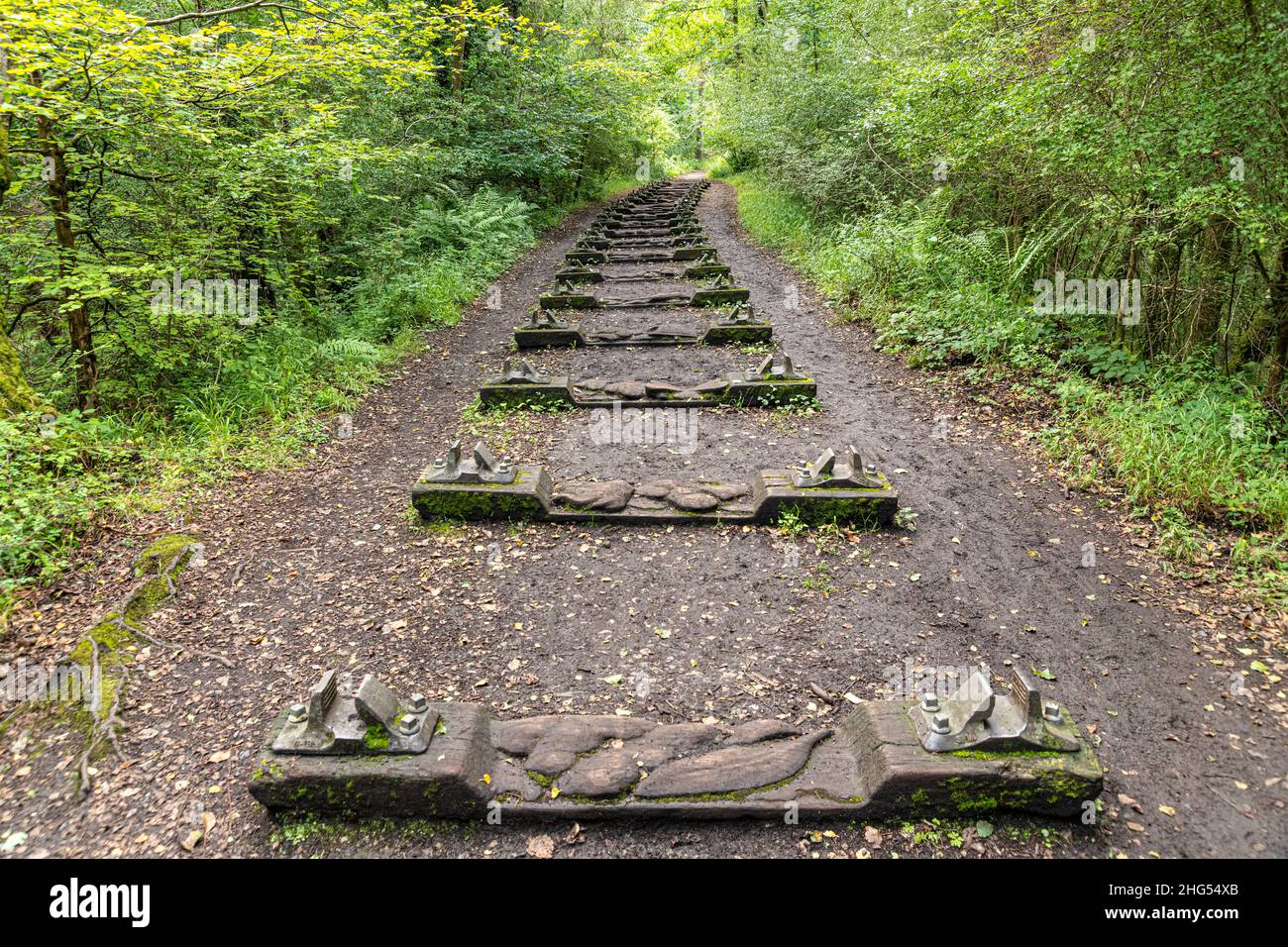 'Iron Road' di Keir Smith, 1986 sulla Foresta di Dean Sculpture Trail vicino a Cannop, Coleford, Gloucestershire.UK Foto Stock