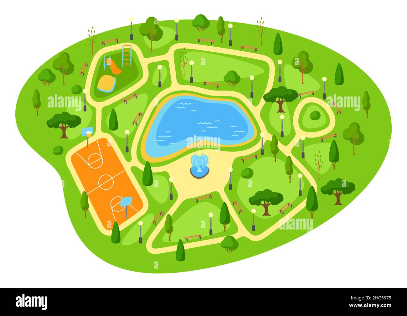 Illustrazione del bellissimo parco estivo o primaverile della città. Spazio urbano pubblico con lago, prato e alberi per passeggiate. Illustrazione Vettoriale