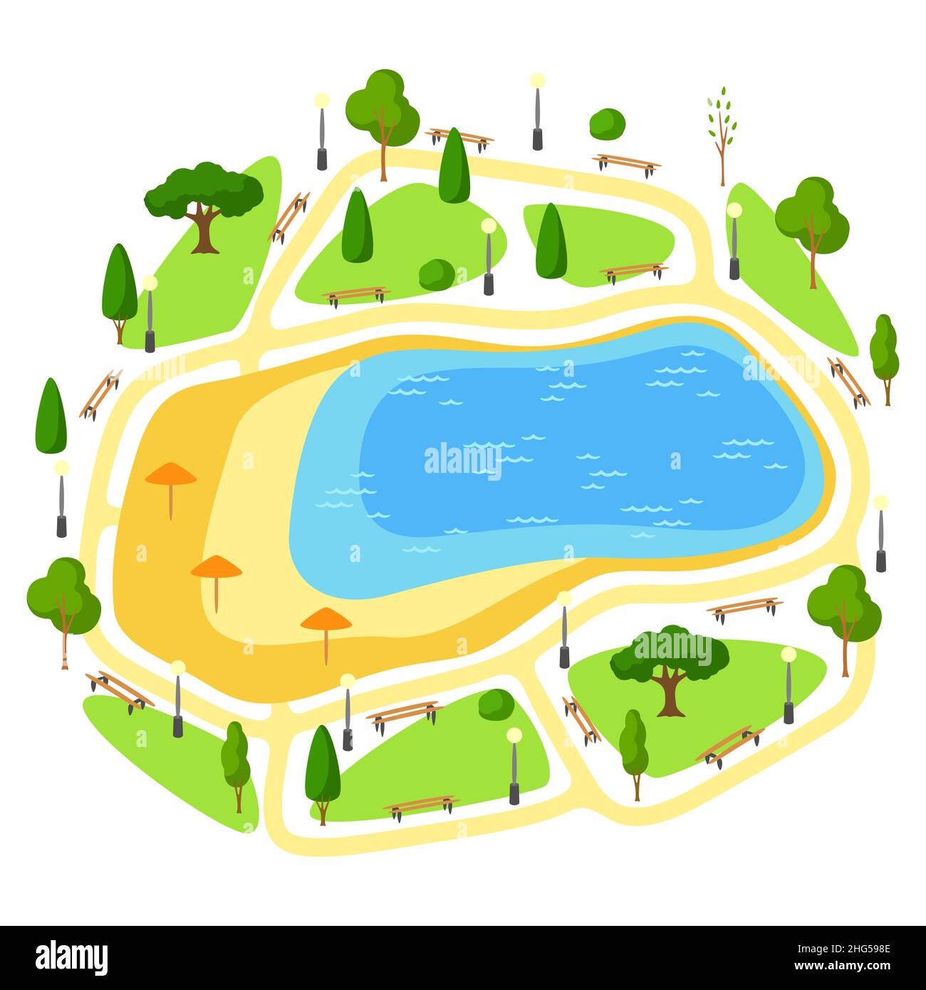 Illustrazione del bellissimo parco estivo o primaverile della città. Spazio urbano pubblico con lago, prato e alberi per passeggiate. Illustrazione Vettoriale