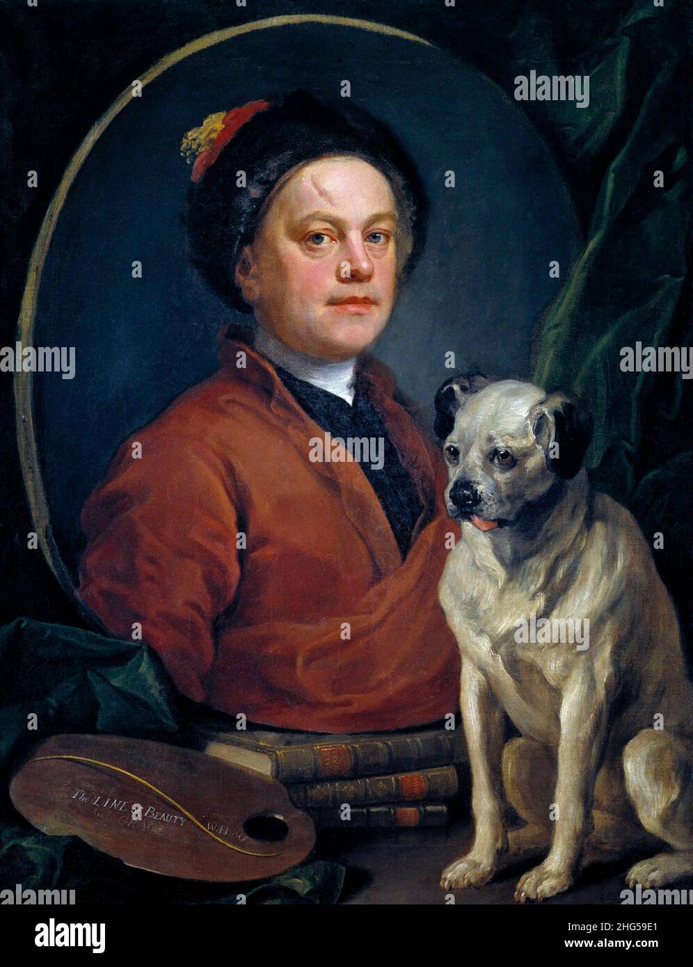 Il Pittore e il suo Pug (Ritratto di sé) di William Hogarth (1697-1794), olio su tela, 1745 Foto Stock