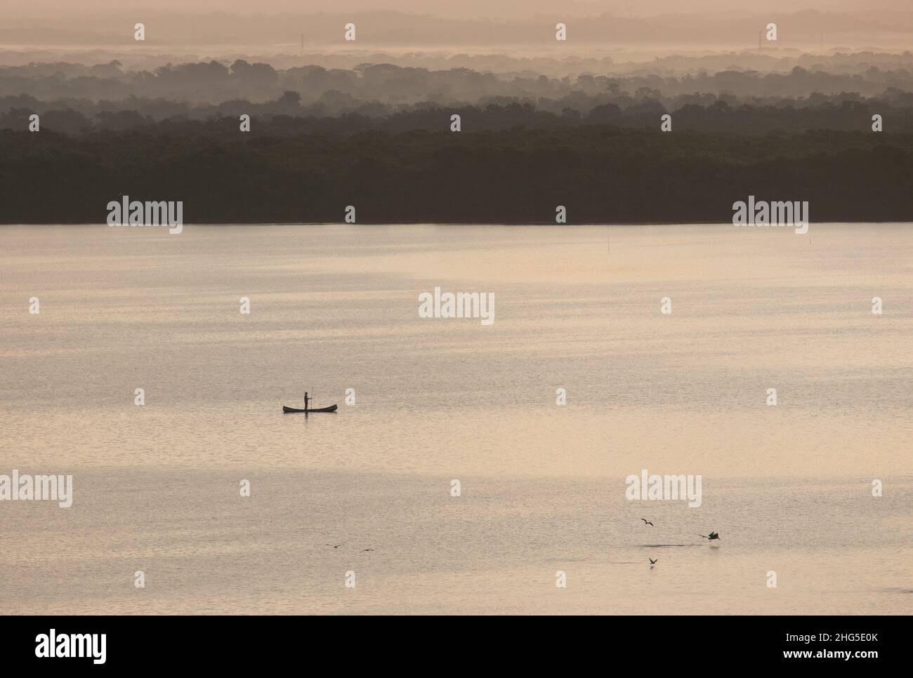 Pescatore su una piccola barca che lavora in terra esotica con immenso sfondo di alberi e montagne Foto Stock