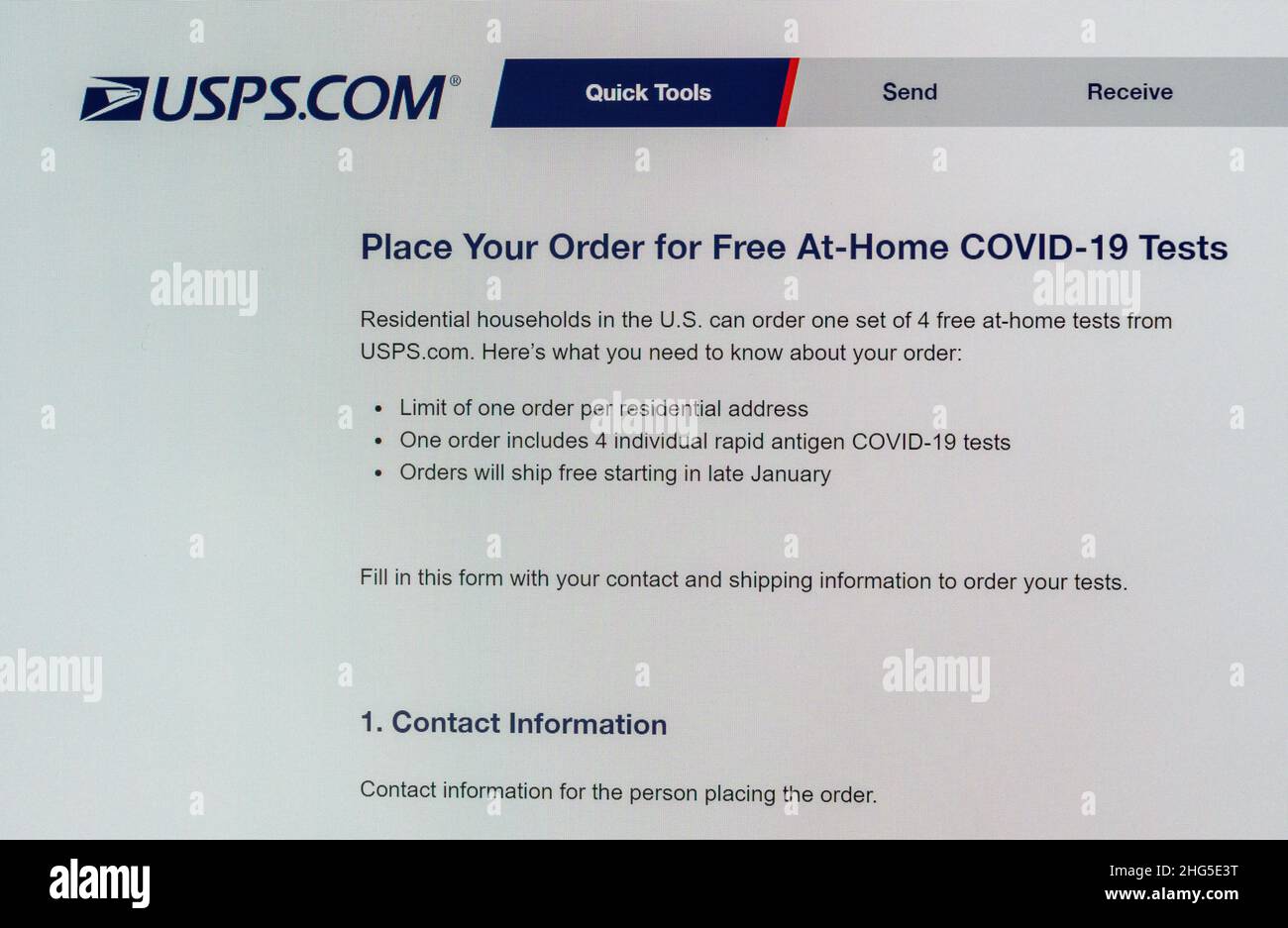 Morgantown, WV - 18 Gennaio 2022: Screenshot del nuovo sito web del governo USPS per ordinare quattro test gratuiti a casa Covid-19 Foto Stock