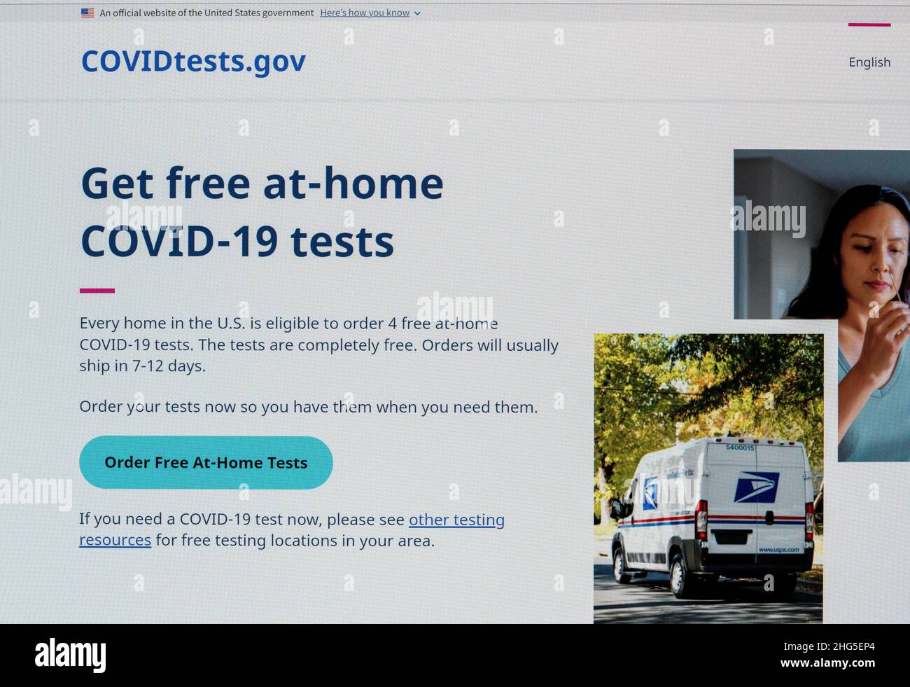 Morgantown, WV - 18 Gennaio 2022: Screenshot del nuovo sito web del governo federale per ordinare i test gratuiti a casa Covid-19 Foto Stock