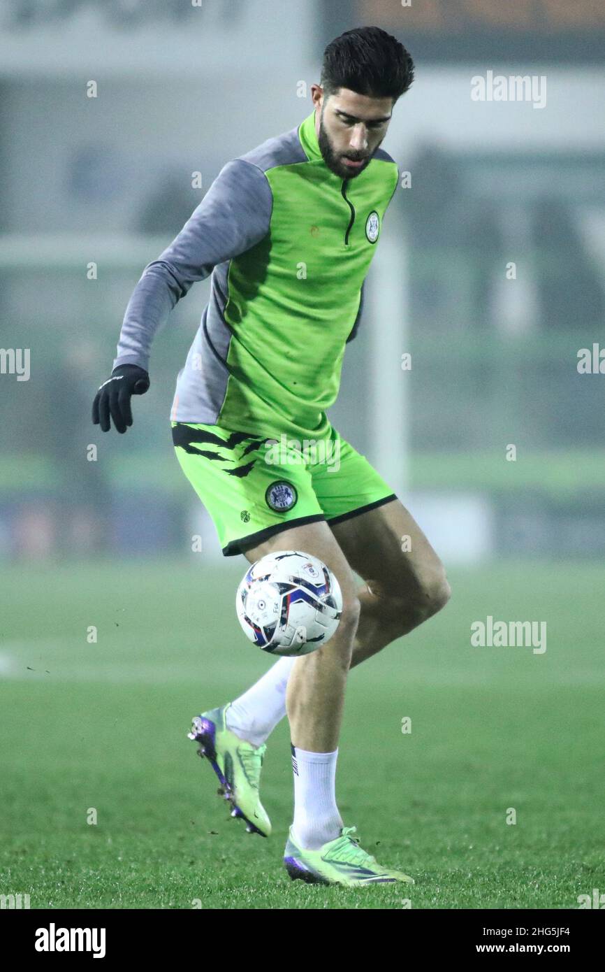 NAILSWORTH, REGNO UNITO. JAN 18th Dan Sweeney of Forest Green Rovers ha illustrato durante il warm up in vista della partita della Sky Bet League 2 tra Forest Green Rovers e Mansfield Town al New Lawn, Nailsworth martedì 18th gennaio 2022. (Credit: Kieran Riley | MI News) Credit: MI News & Sport /Alamy Live News Foto Stock