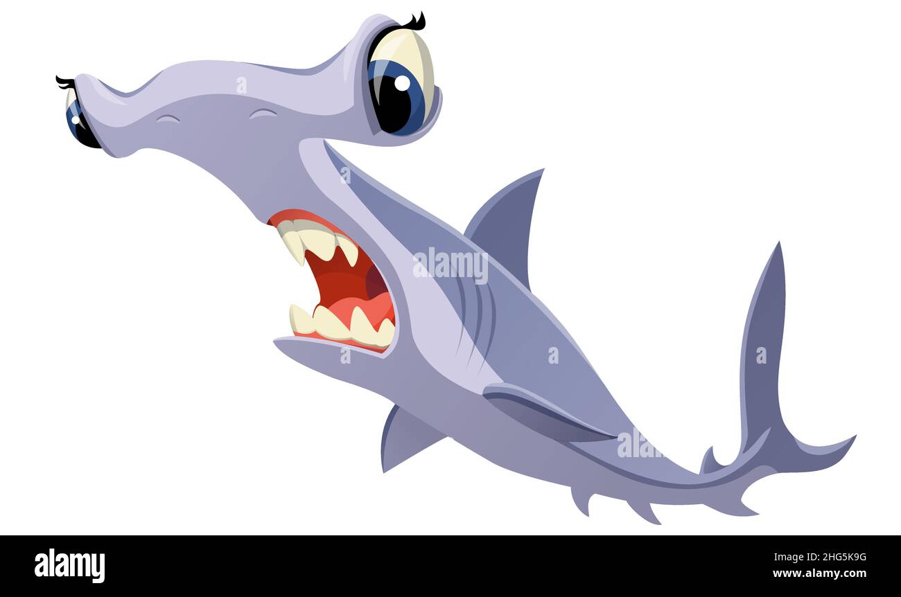 Squalo da martello cartoon su sfondo bianco per animazione, illustrazione e stampa di souvenir. Illustrazione vettoriale. Illustrazione Vettoriale