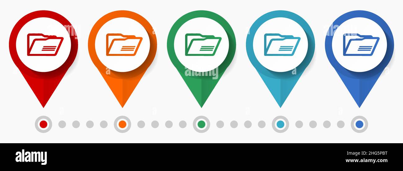 Cartella, set di icone vettoriali del concetto di dati, puntatori di disegno piatti, modello infografico Illustrazione Vettoriale
