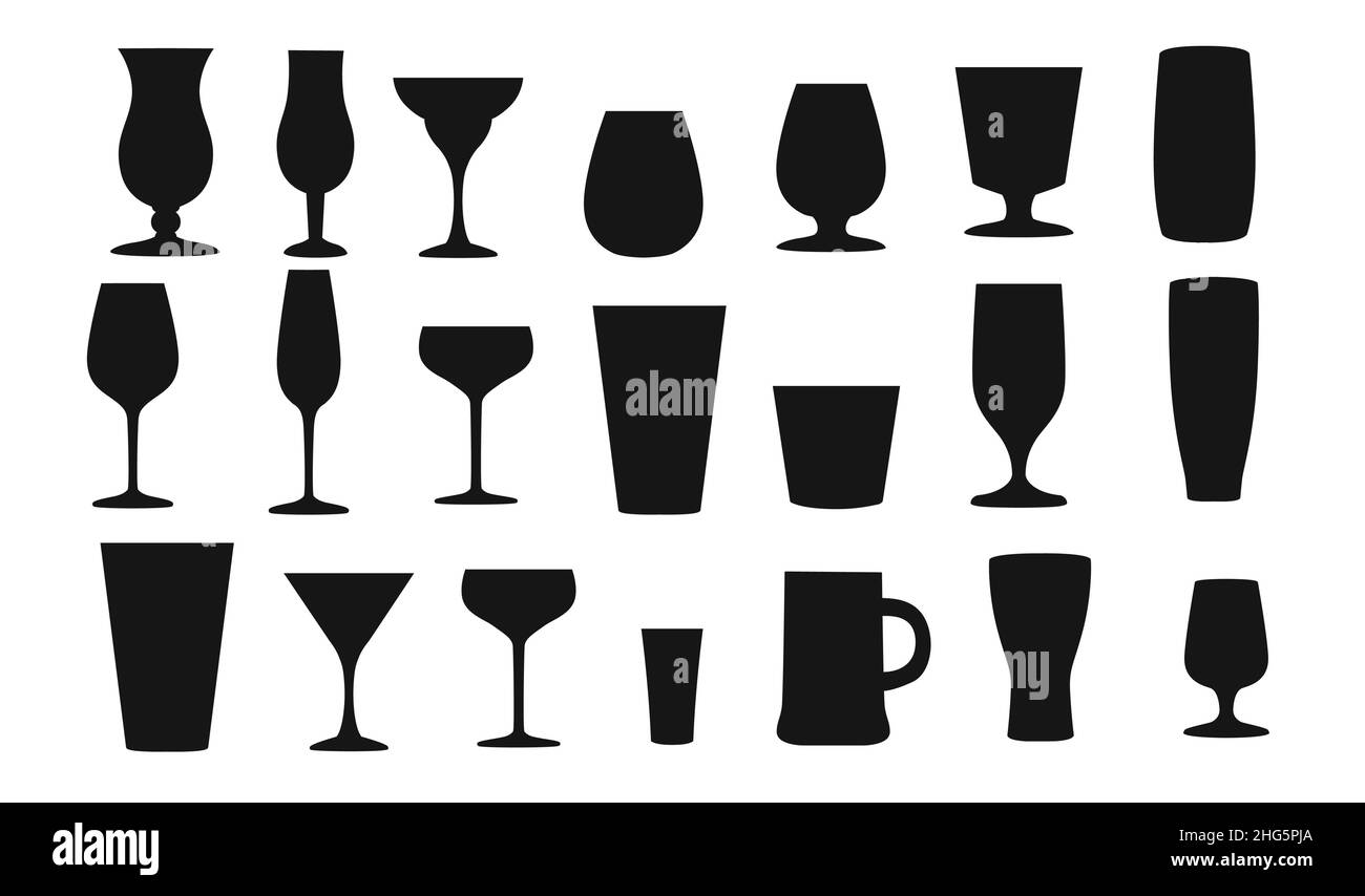 Nero silhouette stile birra vino e bicchieri d'acqua tazze illustrazione vettoriale su sfondo bianco Illustrazione Vettoriale