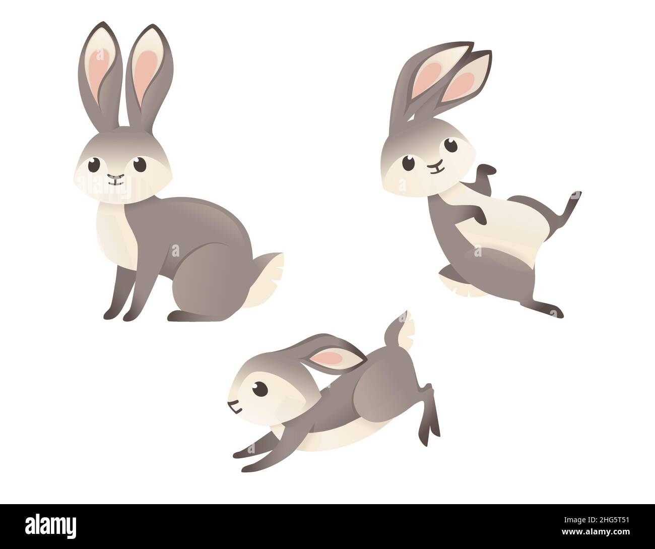 Set di simpatico coniglio grigio seduto su terra cartone animato animale disegno piano vettore illustrazione isolato su sfondo bianco Illustrazione Vettoriale