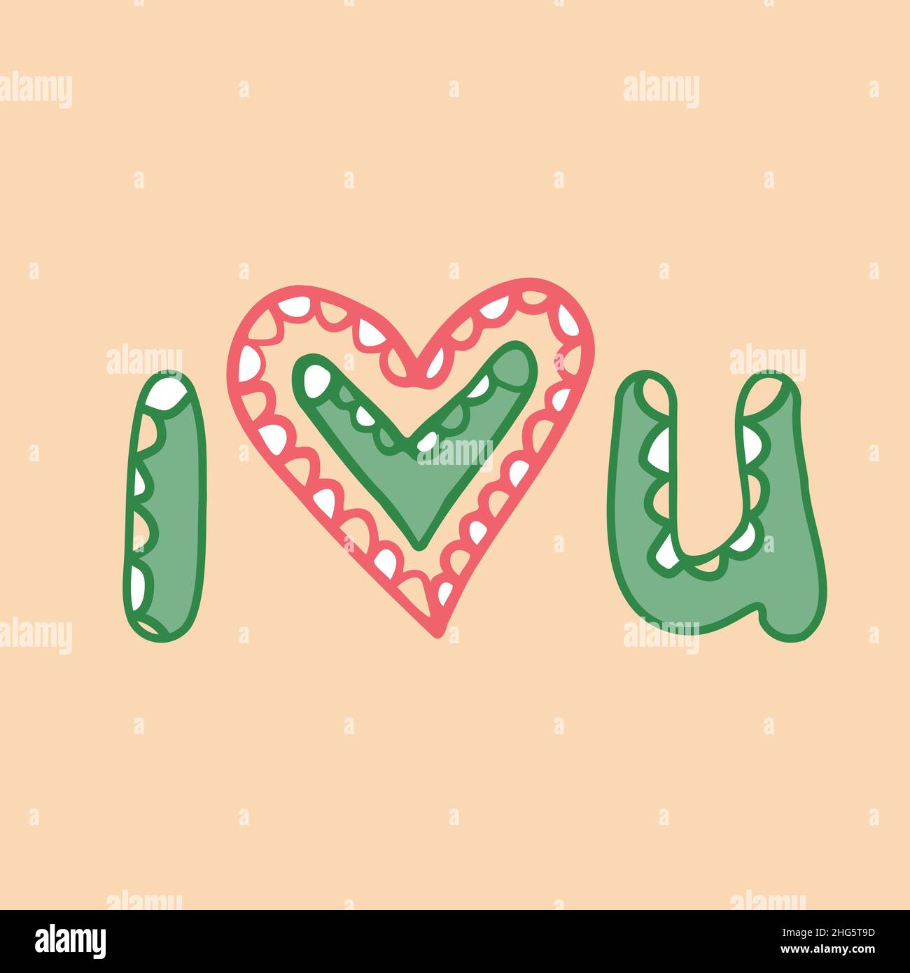 Ti voglio bene. Ti cuore. Lettere i e U e cuore astratto. Carta stile disegnata a mano per bambini semplici del giorno di San Valentino. Per stampare il poster di invito per le festività. Illustrazione vettoriale. Illustrazione Vettoriale