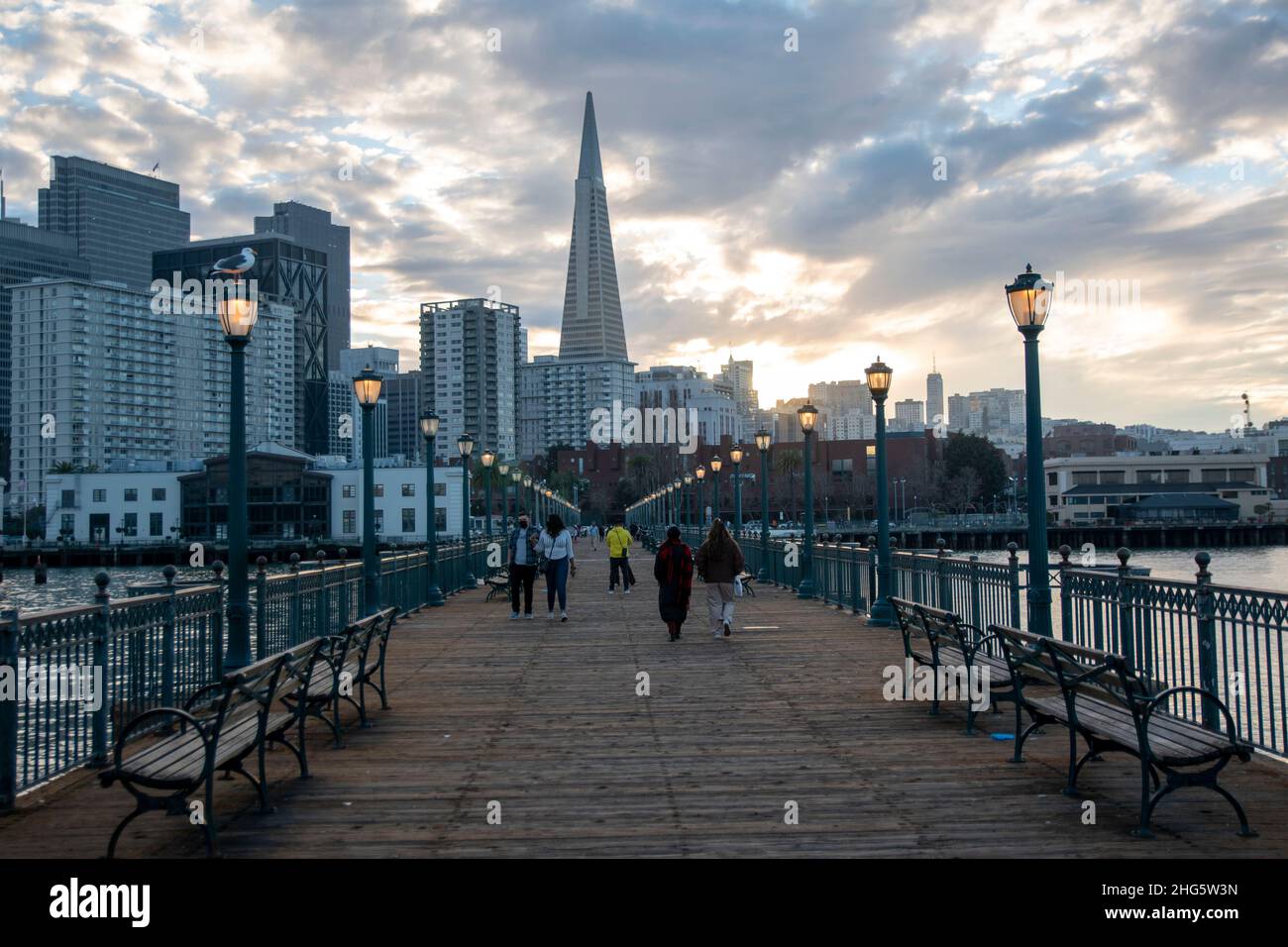 Pier 7 è un famoso luogo di fotografia a San Francisco, CA, USA per la sua relazione con la Piramide Transamerica. Foto Stock