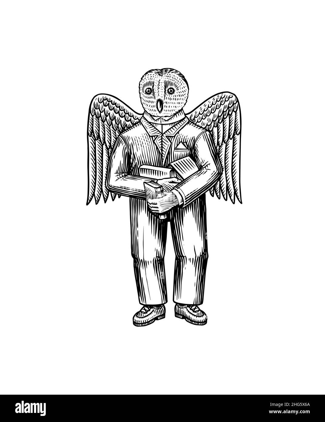 OWL uomo con grandi ali in un vestito con libri. Uccello intelligente. Moda animale carattere. Disegno a mano del contorno del legno. Illustrazione con incisione vettoriale Illustrazione Vettoriale