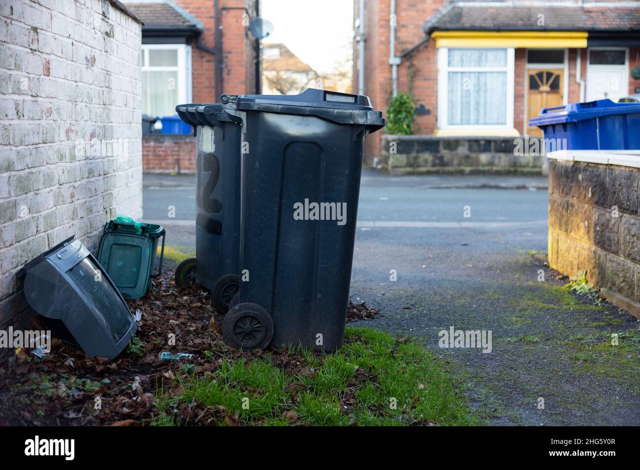 bidoni wheelie dopo la raccolta dei rifiuti Foto Stock
