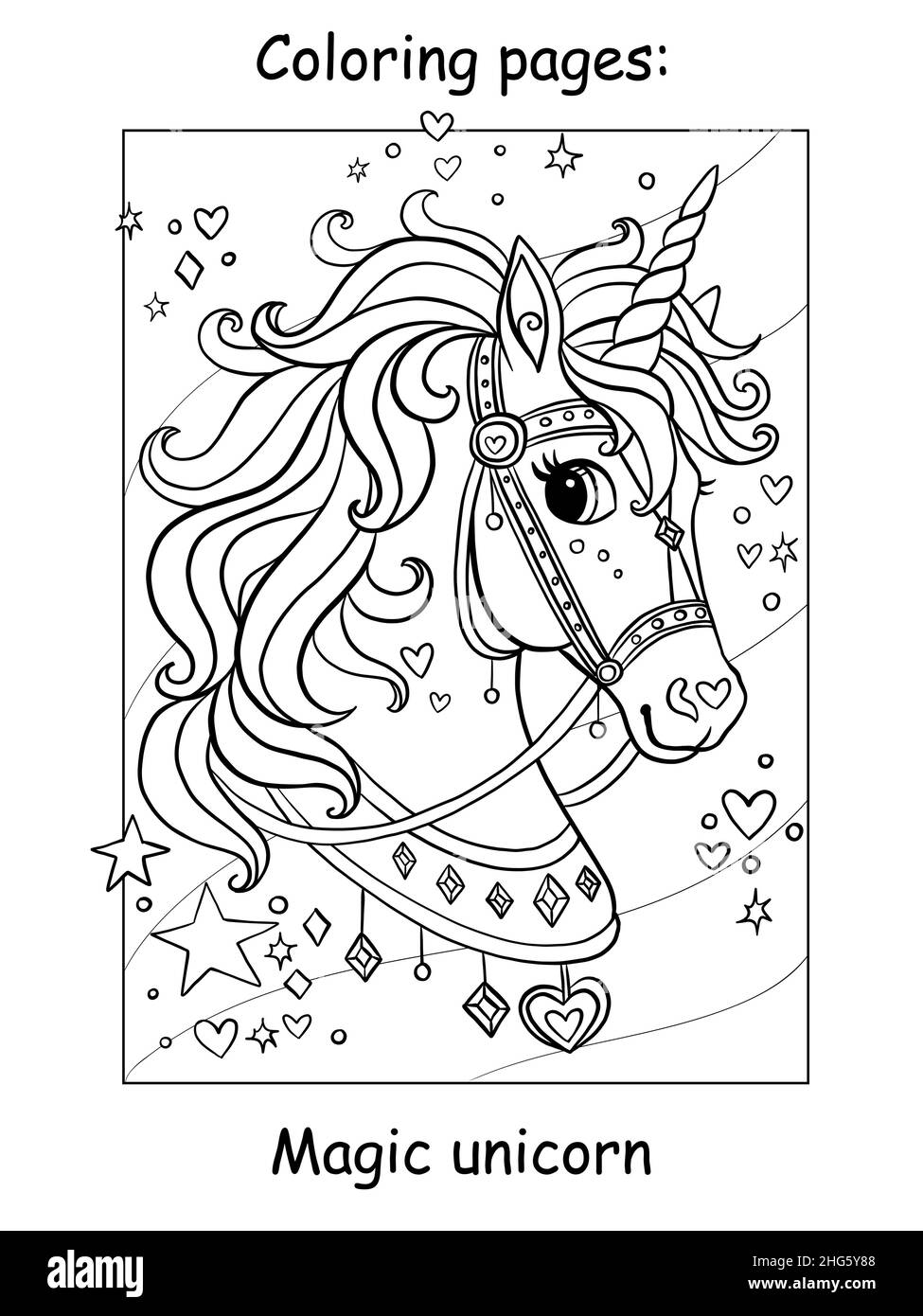 Carina testa di unicorno con briglia sullo sfondo di cielo stellato con scintille. Pagina libro da colorare per bambini. Illustrazione di un cartoon vettoriale. Per la colorazione, Illustrazione Vettoriale