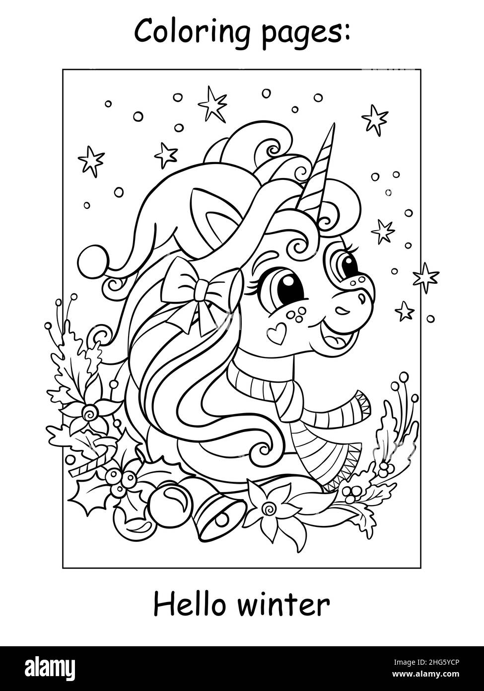 Carino e divertente testa carina di unicorno con la corona di natale su uno sfondo stellato. Pagina libro da colorare per bambini. Illustrazione di un cartoon vettoriale. Per CO Illustrazione Vettoriale