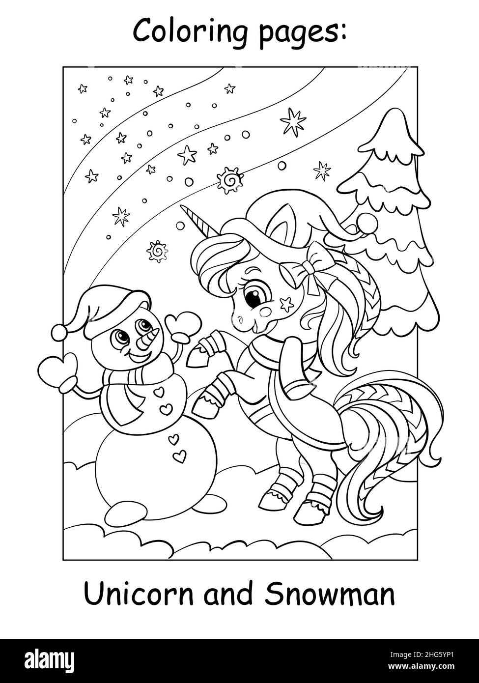 Simpatico e divertente unicorno con un pupazzo di neve su sfondo invernale. Pagina libro da colorare per bambini. Illustrazione di un cartoon vettoriale. Per colorare pagine di libri, Illustrazione Vettoriale