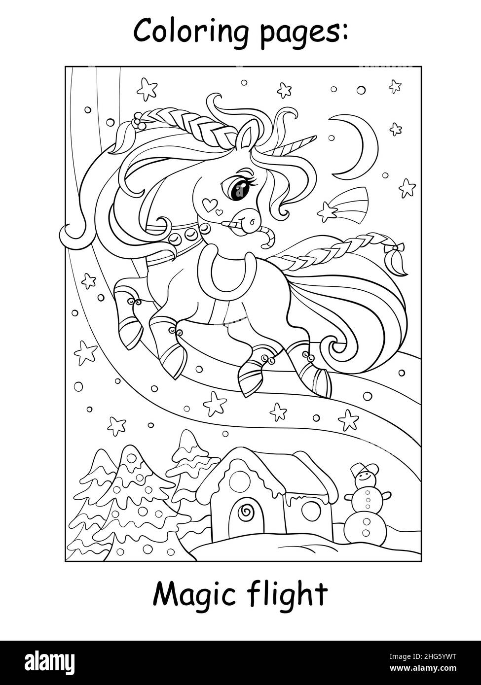 Simpatico e divertente unicorno volante su sfondo invernale. Pagina libro da colorare per bambini. Illustrazione di un cartoon vettoriale. Per colorare le pagine dei libri, stampare un Illustrazione Vettoriale