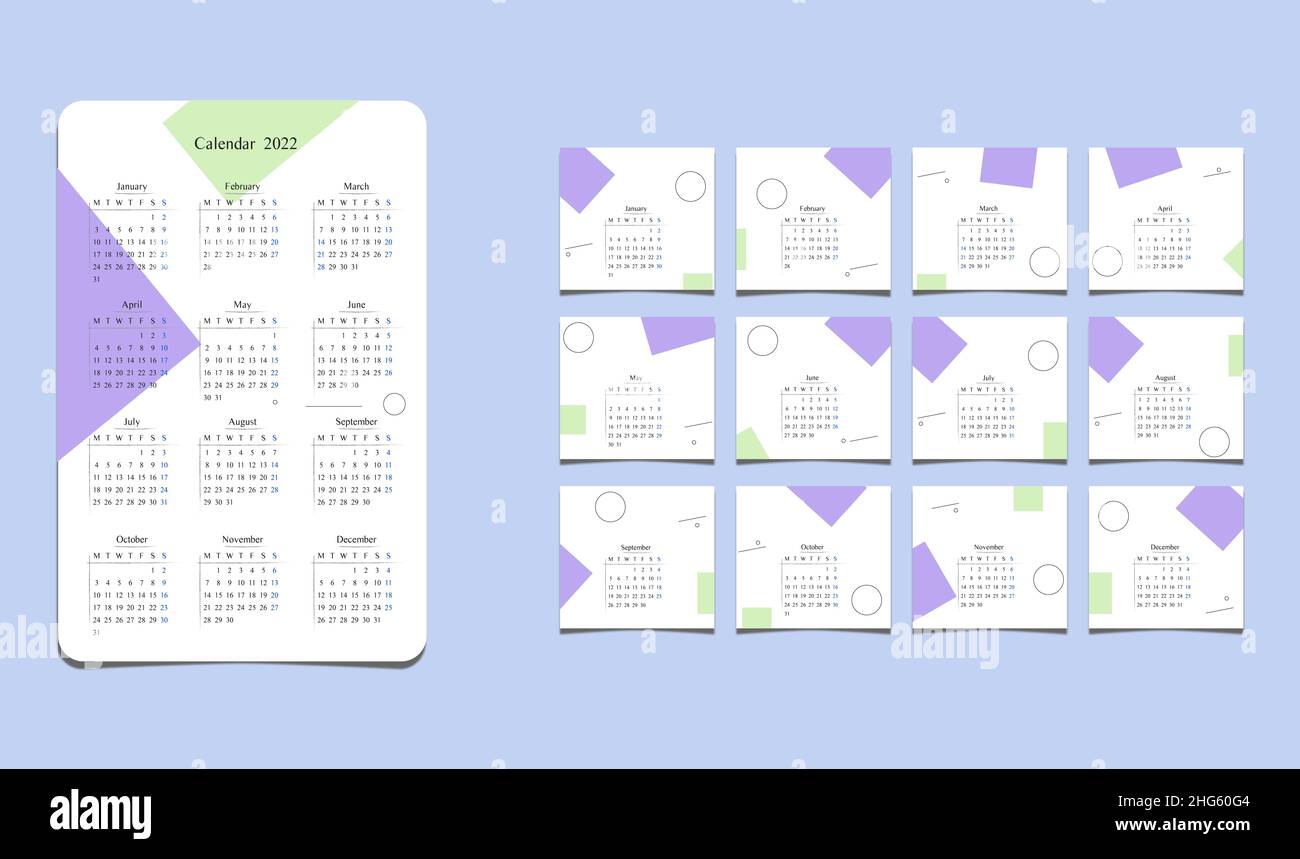Bel calendario grafico per il 2022. La settimana inizia il lunedì. Set da 12 mesi. Foto Stock