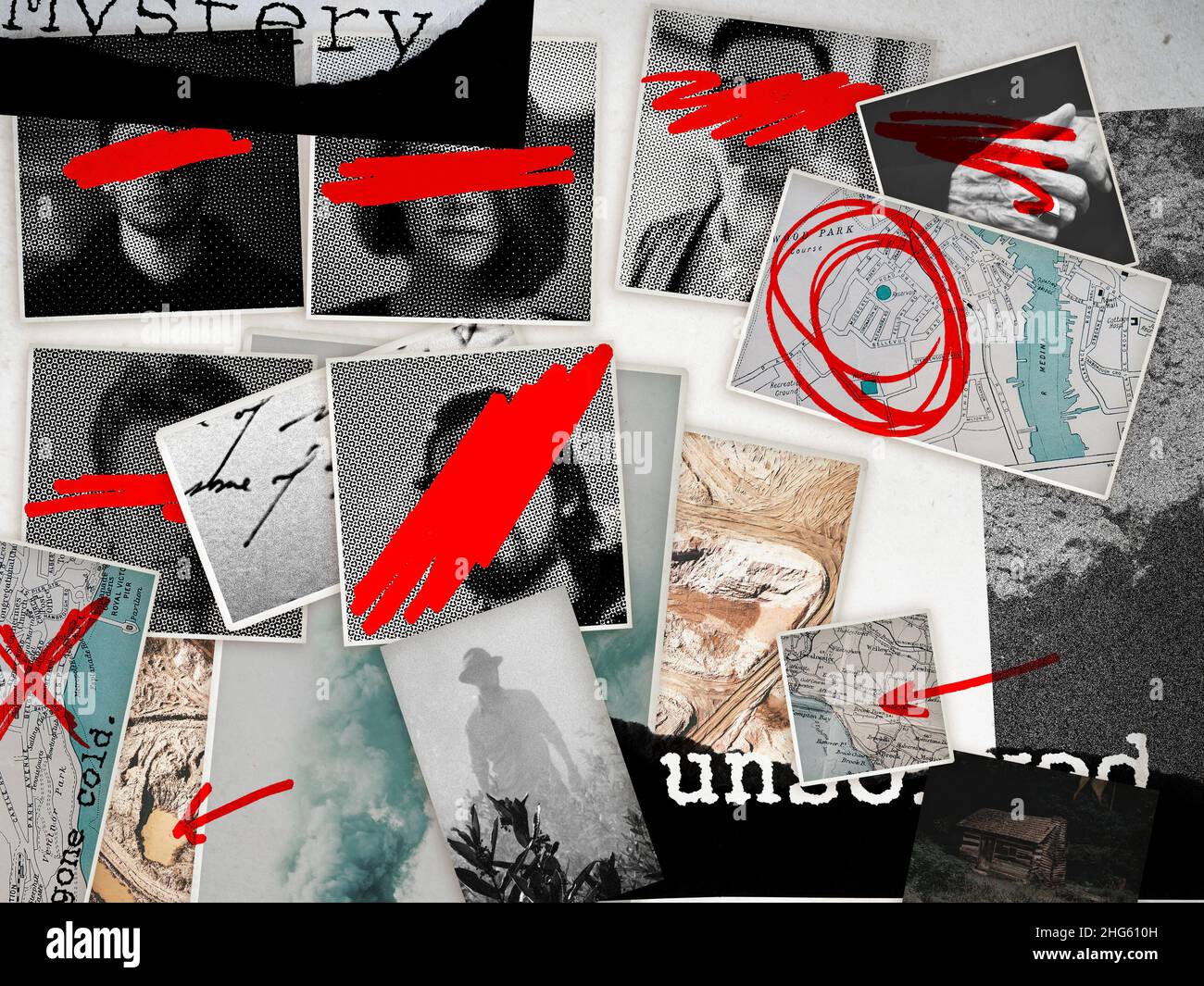 Un collage o un consiglio di cospirazione di misteri irrisolti Foto Stock