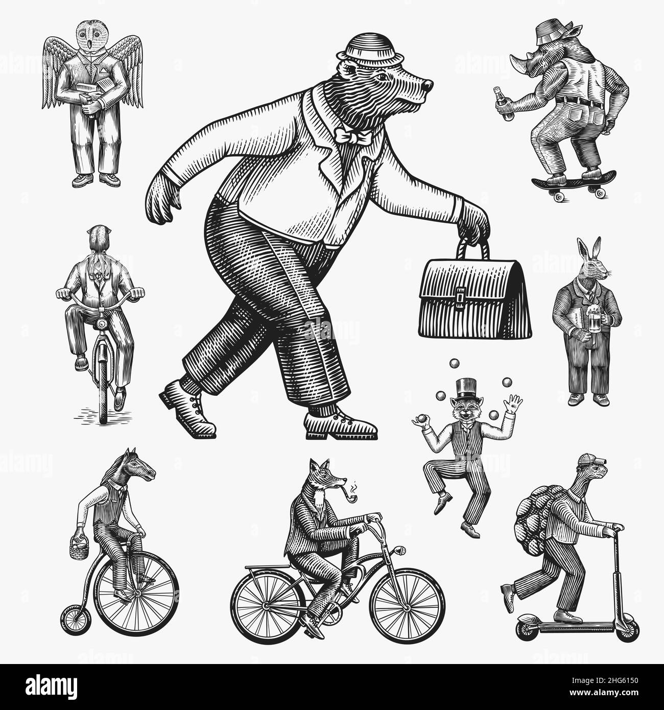 Volpe in bicicletta, giocoliere Cat, tartaruga su uno scooter. Orso, cavallo, lepre, gufo, calamaro. Set di personaggi di Fashion Animal. Schizzo disegnato a mano. Incisione vettoriale Illustrazione Vettoriale