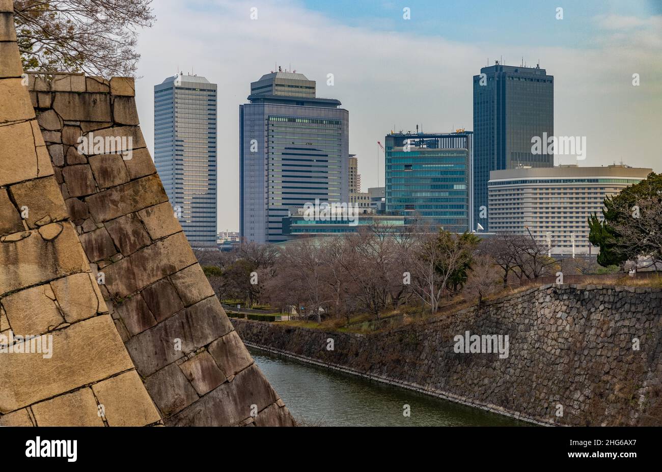 Una foto del Business Park di Osaka visto dal Castle Park di Osaka. Foto Stock