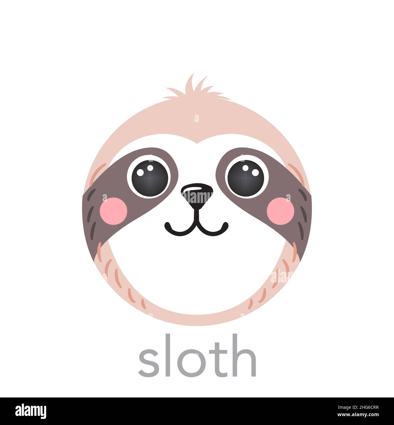 Sloth cute ritratto con nome testo smiley testa cartoon forma rotonda animale faccia, isolato vettore icone illustrazioni su sfondo bianco. Semplice piatto disegnato a mano per i bambini poster, t-shirt, vestiti per bambini Illustrazione Vettoriale
