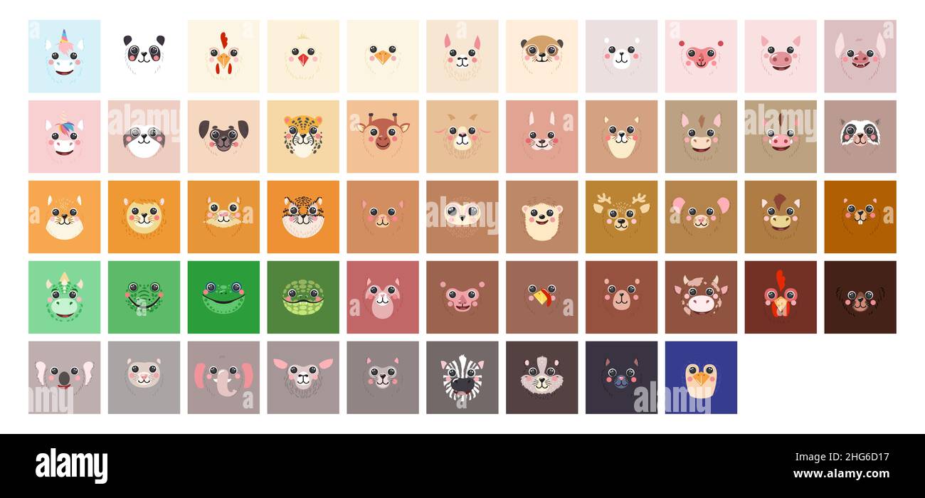 Animali quadrati Set cute ritratti cartoon avatar illustrazione flat vettore gatto, cane, lama, unicorno, tigre, orso, coniglio, asino, rana, gallina, Sheep isolato su bianco per UI, app, dispositivi mobili, poster per bambini Illustrazione Vettoriale