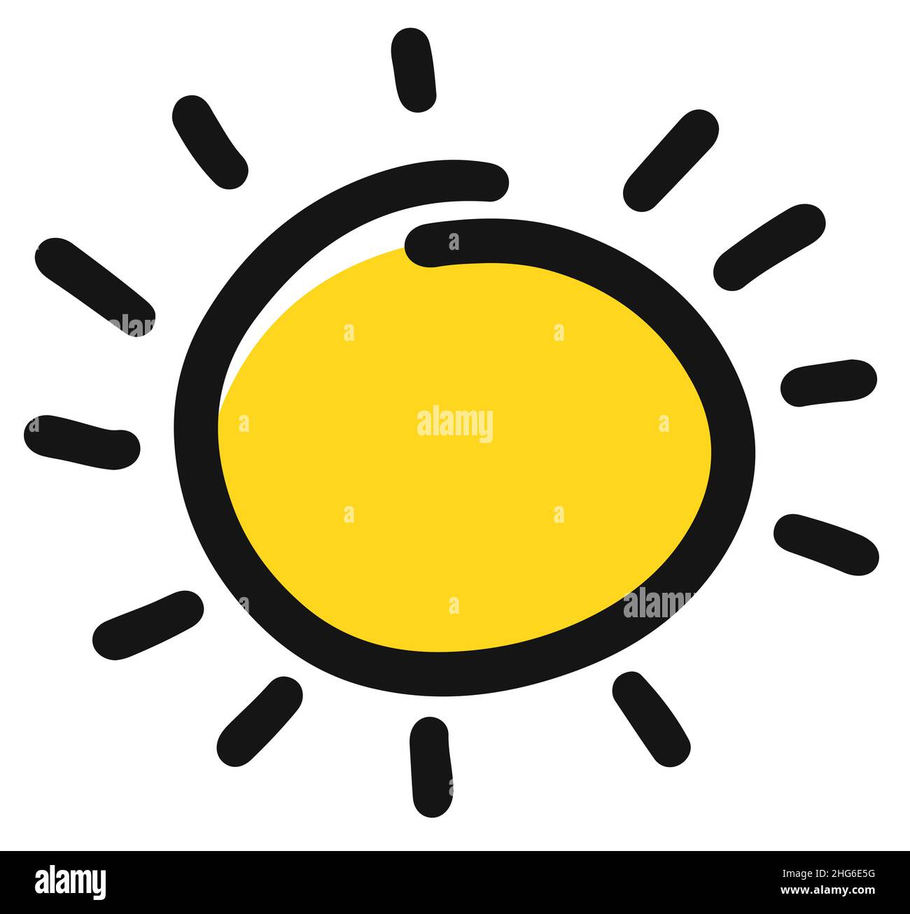 Divertente schizzo giallo sole. Illustrazione vettoriale disegnata a mano. Contorno vettore semplice Illustrazione Vettoriale