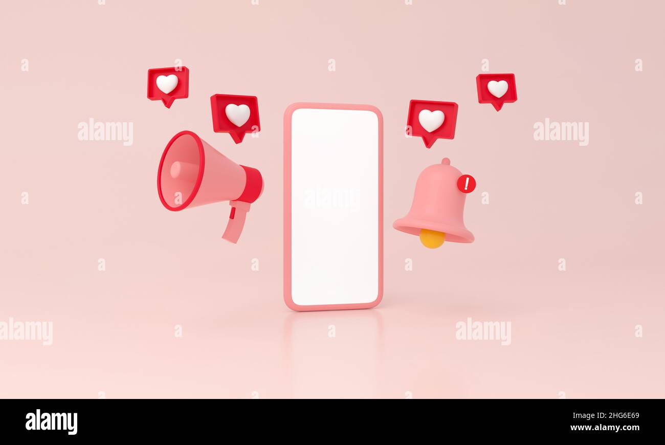 Campana del messaggio di notifica, smartphone, Megaphone e icona a forma di cuore su sfondo rosa minimo. 3D rendering. Foto Stock