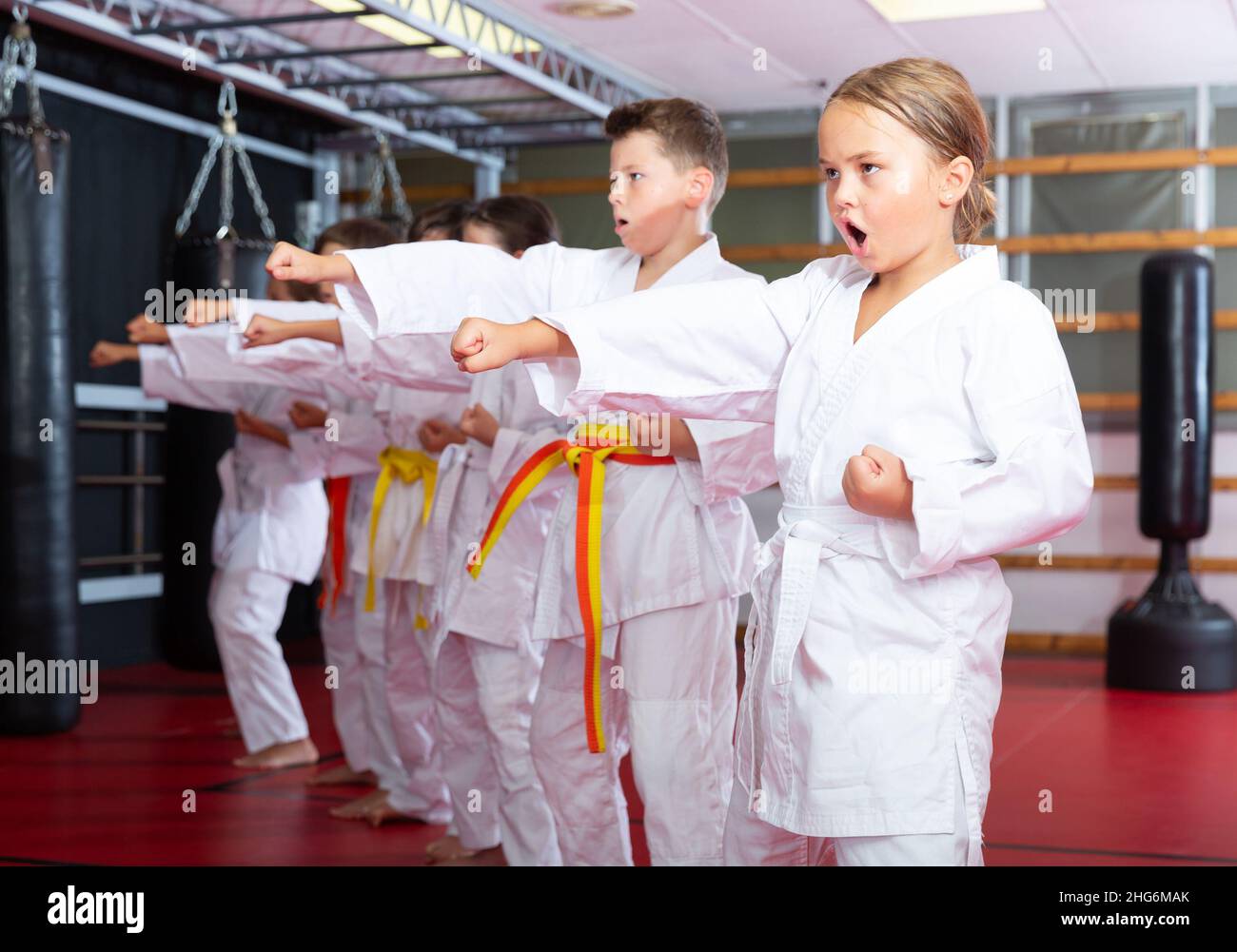 I bambini si posano insieme, praticando il karate si muove Foto Stock