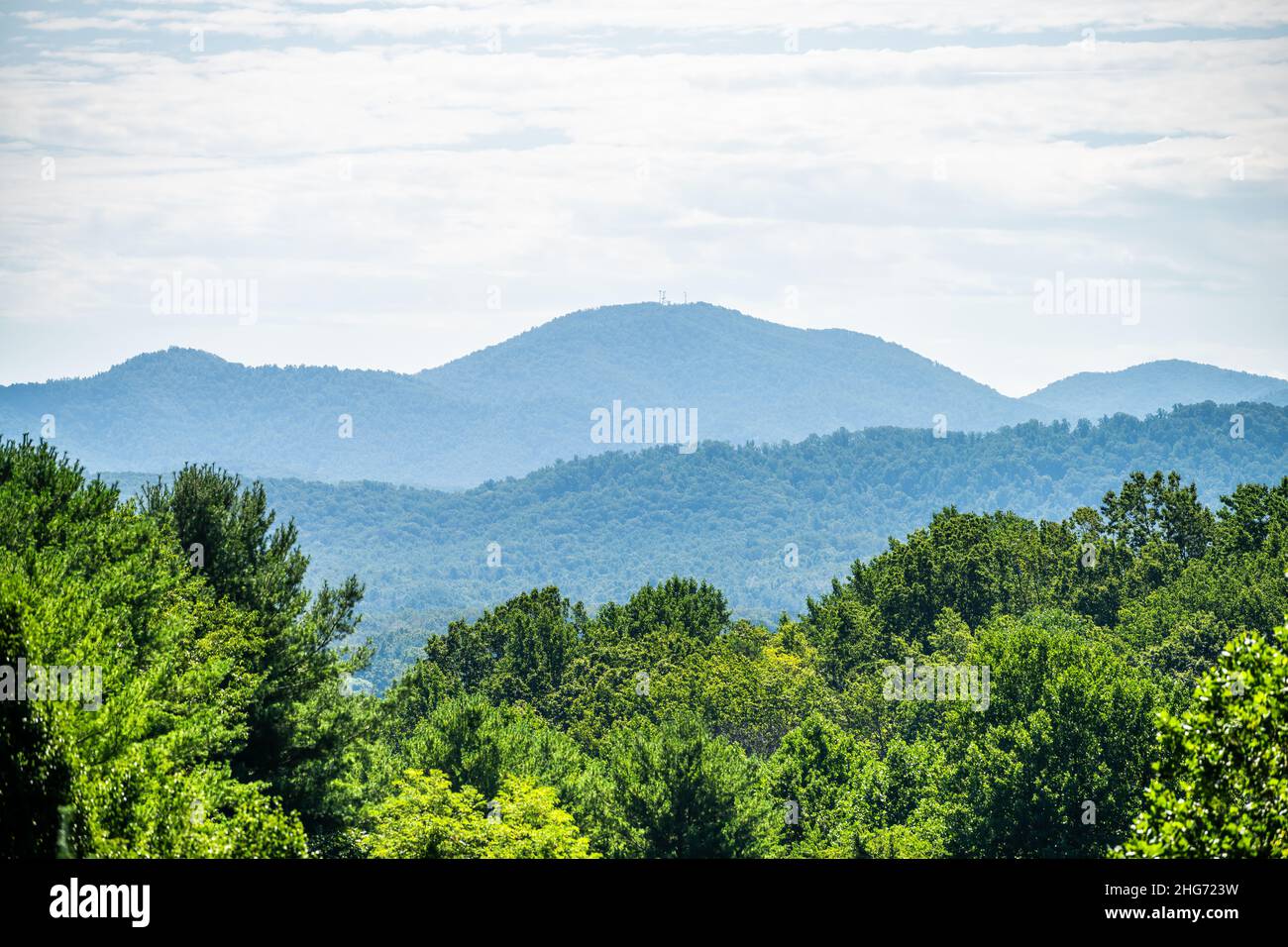 Vista lungo la strada a Afton, Nelson County in Virginia, vicino alla Blue Ridge parkway con le montagne appalachiane in estate, paesaggio lussureggiante e paesaggistico Foto Stock