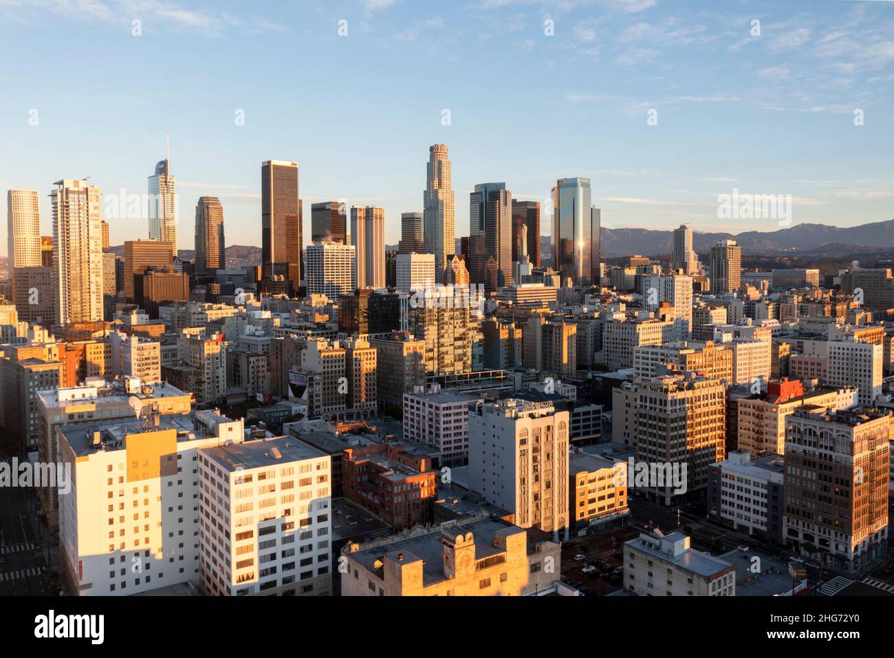 Vista aerea dei grattacieli del centro urbano di Los Angeles da sud Foto Stock