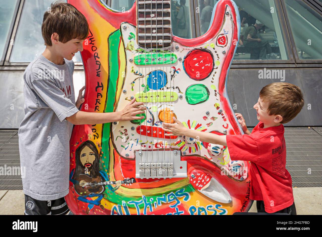 Cleveland Ohio,Rock & Roll Hall of Fame Museum,storia,mostra collezione,mostra vendita cimeli,musica,istruzione,imparare,informazioni,chitarra Foto Stock