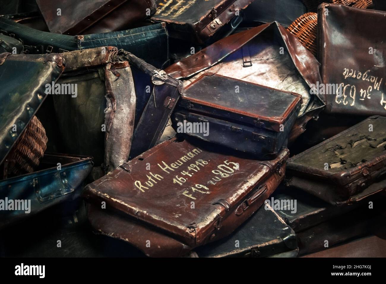 Borsa da viaggio ebraica e bagaglio per il giorno del ricordo, Museo Auschwitz Foto Stock