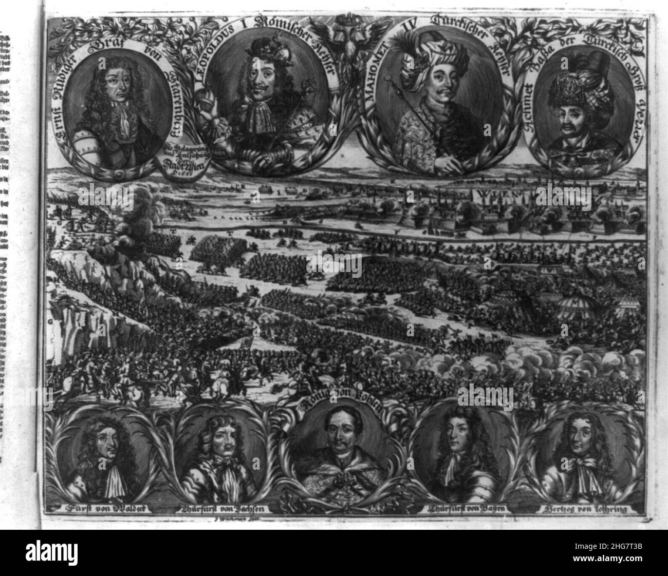 Assedio e rilievo di Vienna nel 1683, con ritratti di Ernst Rudiger von Starhemberg, imperatore Leopoldo i, Sultano Mehmed IV, Kara Mustafa, conte di Waldeck, Elettore di Sassonia, Giovanni III Foto Stock