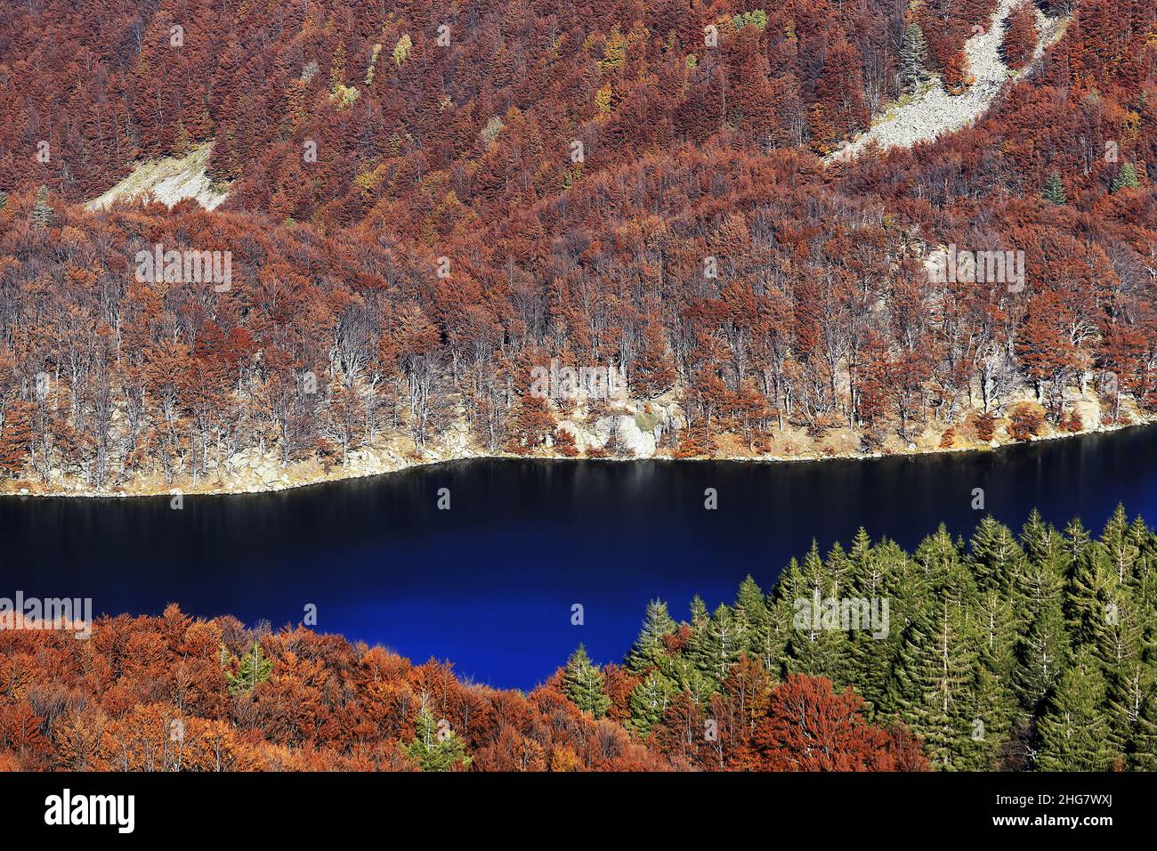 Lago profondo di montagna in autunno foresta fogliame, parco nazionale Appennino, italia Foto Stock
