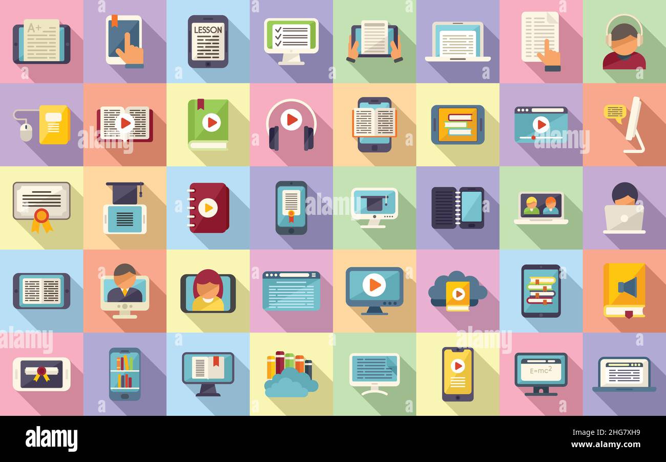 Le icone di formazione online impostano il vettore piatto. Percorso a distanza. Formazione di classe Illustrazione Vettoriale
