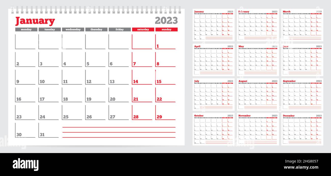 Calendario 2023 modello di pianificazione. La settimana inizia il lunedì. Set di 12 mesi. Illustrazione vettoriale Illustrazione Vettoriale
