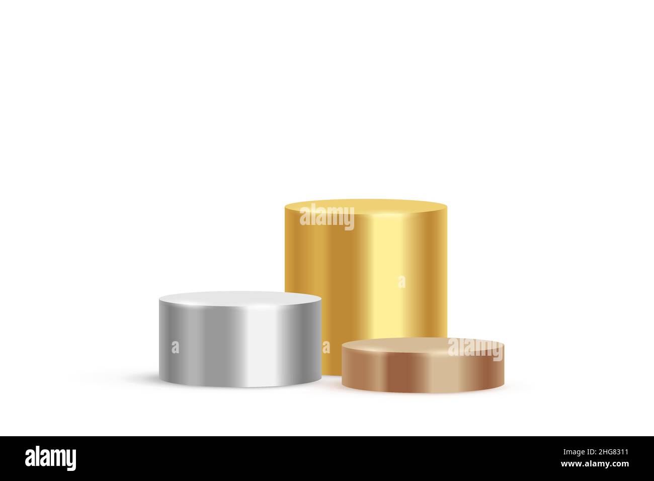 Podio per l'illustrazione vettoriale dei vincitori di oro, argento e bronzo. piedistallo a 3d stadi per la cerimonia di premiazione del campione, scale piattaforma incandescenti isolate su whi Illustrazione Vettoriale