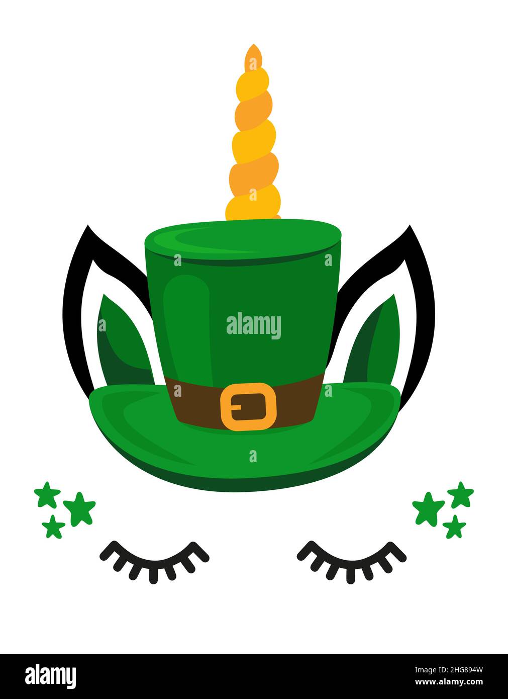 Bella testa unicorno con cappello Leprechaun, faccia unicorno con ciglia. Illustrazione vettoriale per il design di carte e camicie per le vacanze autunnali. Buon Santo P. Illustrazione Vettoriale