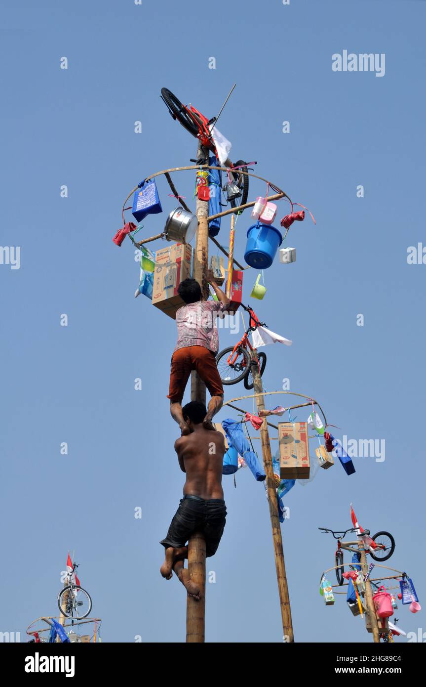 Giacarta, Indonesia - 17 agosto 2014 : Panjat pinang o concorso di arrampicata arreca in celebrazione della giornata di indipendenza dell'Indonesia a Jakarta, Indonesia Foto Stock