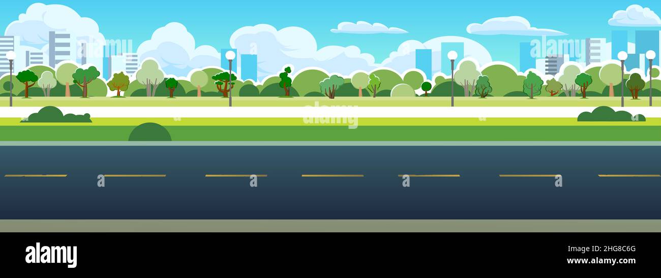Buona strada asfaltata. Parco zona della città. Vista laterale. Strada vuota moderna di qualità. Percorso interurbano suburbano. Illustrazione di sfondo. Vettore. Illustrazione Vettoriale