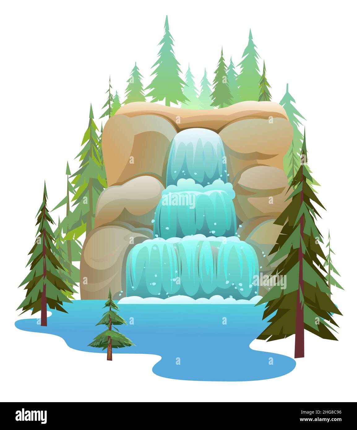 Paesaggio alto con cascata tra le rocce. La cascata fruscii verso il basso. Flusso d'acqua. Bello stile cartoon. Design piatto. Nella pineta fredda. Isolato su Illustrazione Vettoriale