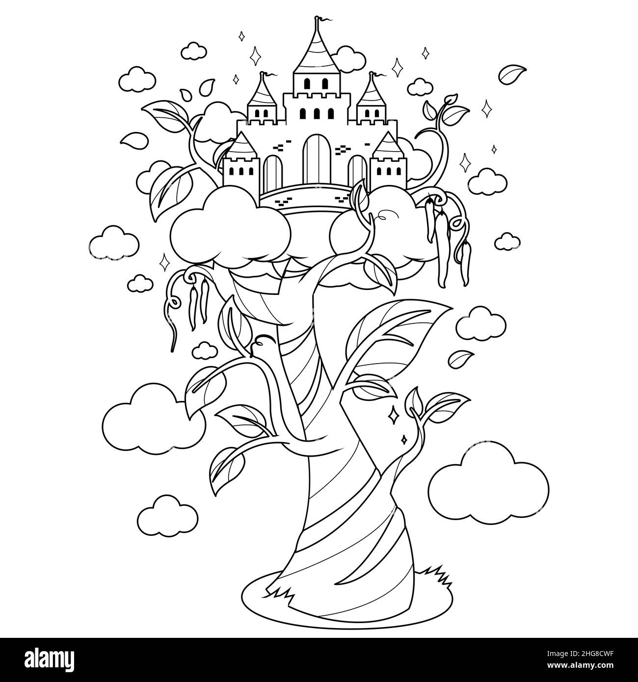Magici fagioli e un castello. Pagina da colorare in bianco e nero. Foto Stock